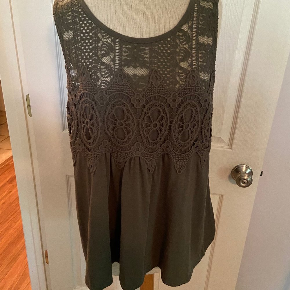 Olive green sleeveless shirt with lace detailing